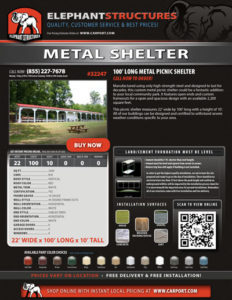 100' Long Metal Picnic Shelter with verical Roof
