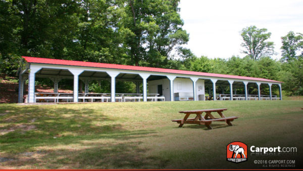 Long vertical-roof metal picnic shelter