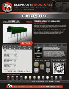 12x21 Strong Single Carport