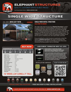 12x24x7 Single Wide Structure with Blue Roof and Blue Trim