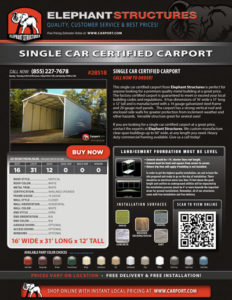 16x31 Single Car Certified Carport with White Roof and White Trim