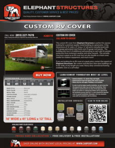 16x41 Custom RV Cover with White Roof and White Trim