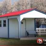 Metal storage shed with covered porch