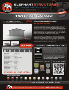 20x31x8 Two Car Garage with White Roof and White Walls.