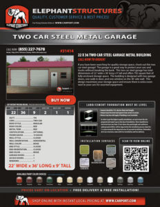 Two Car Steel Metal Garage 22x31