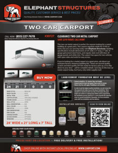 24x21x7 Two Car Carport with Blue Roof and White Trim.