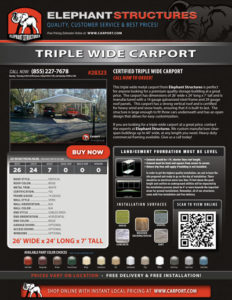 26x24 Triple Wide Carport with Beige Roof and White Trim