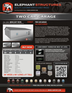 30x40 Two Car Garage with Dark Grey Roof and White Walls