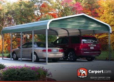 12x26 Single Car Carport with Green Roof and White Trim