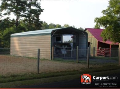 12x31 Metal RV Cover with Green Regular Roof and Tan Walls