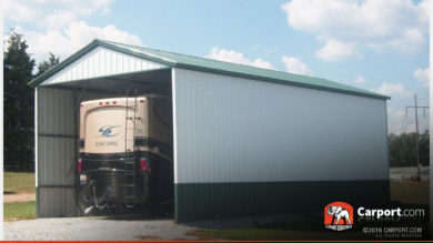12x36 Vertical RV Carport with Green Roof and White walls