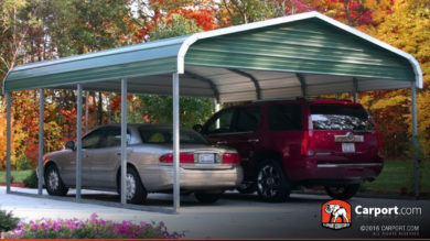 18x21 Two Car Carport with Green Regular Roof and Gabled Ends