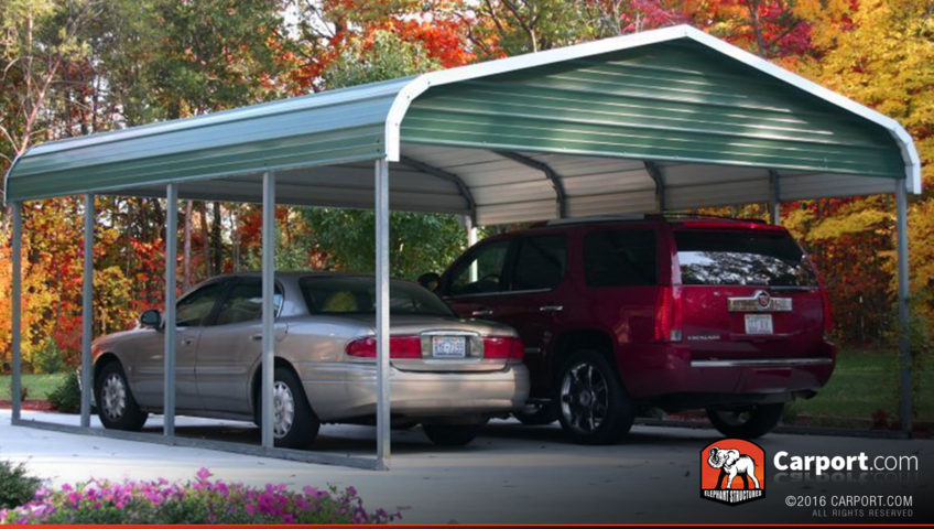 18x21 Two Car Carport with Green Regular Roof and Gabled Ends