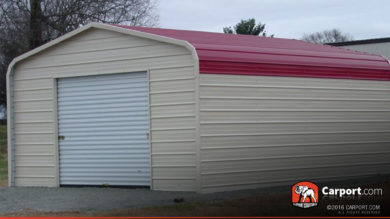 12x21 Metal Garage Building with Red Roof and Beige Walls
