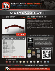 40' Wide Metal Carport with vertical Roof
