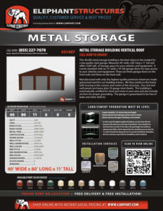40x80 Metal Storage Building Vertical Roof