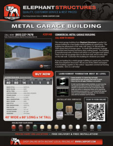 40x80 Commercial Metal Building Garage with Grey Roof