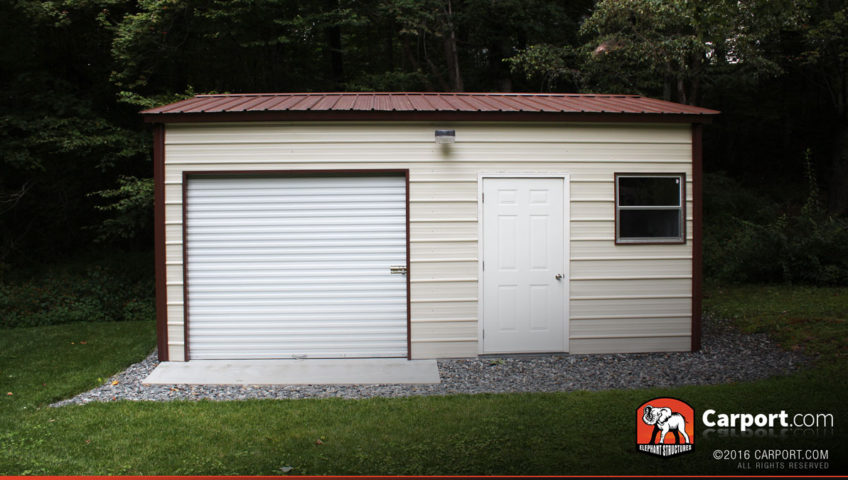 Here's a front facing view of the one car vertical style metal garage workshop.