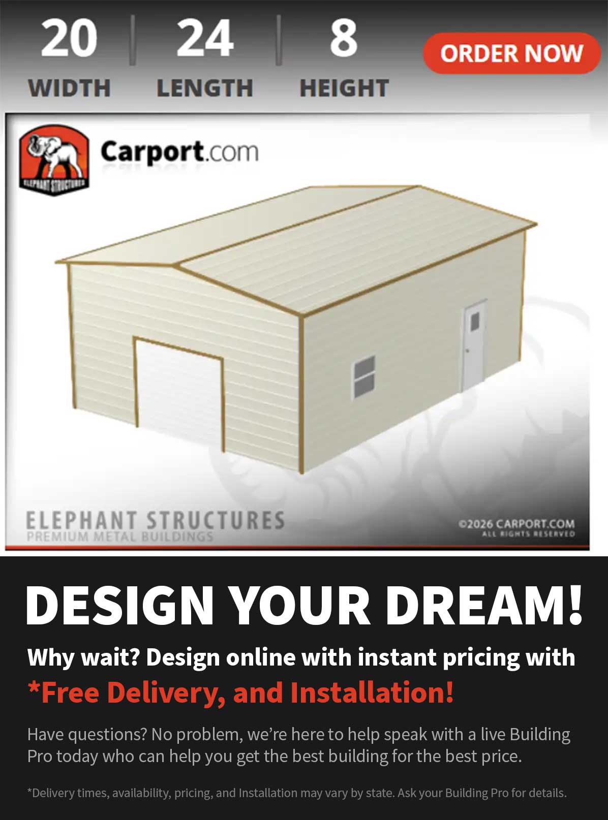 BuildID showing a 20x24x8 metal building with real-time pricing