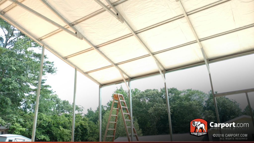 Skeleton of the frame visible with ladder in the background.