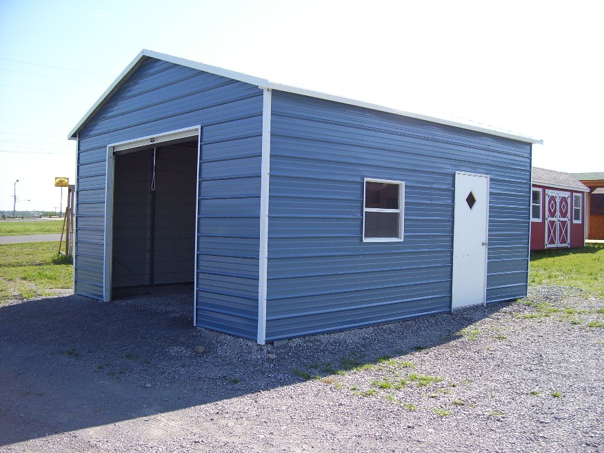 Deluxe one car steel garage with one roll up garage door and one walk-in door.